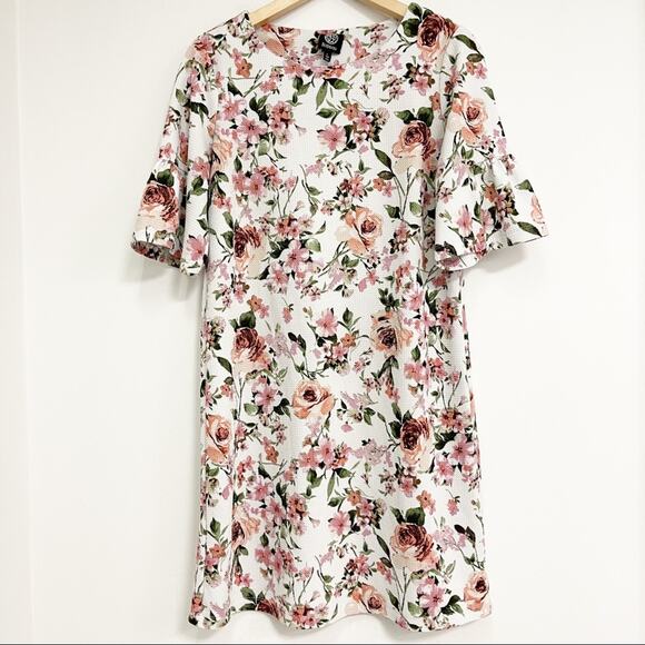 BOBEAU Large White Floral Statement Ruffle Bell Sleeves Pink & White Size Large - Picture 1 of 11